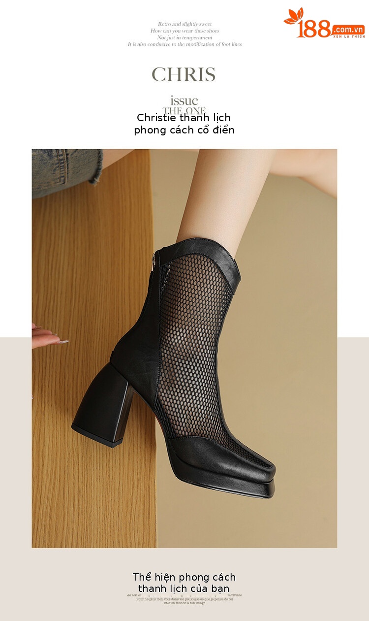 Boot lưới nữ mũi vuông đế xuồng cao gót, phối lưới thoáng mát — Màu nâu, Màu đen chi tiết 6