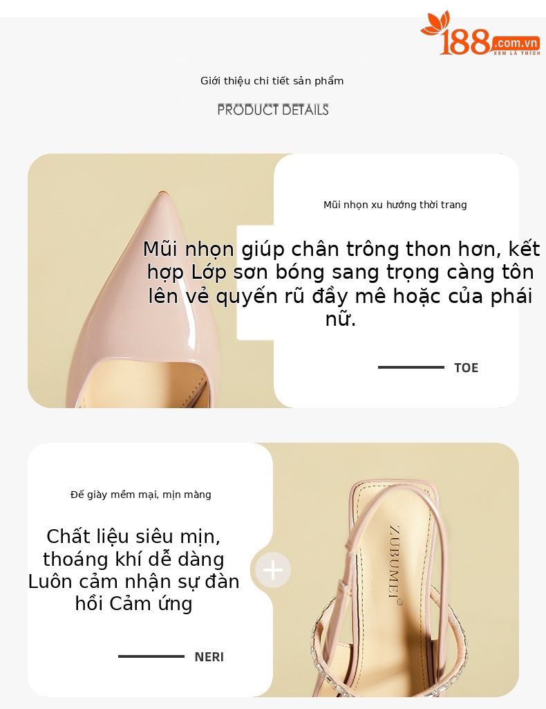Giày sandal cao gót mũi nhọn một quai mùa hè phong cách cổ điển — Màu hồng nude chi tiết 1