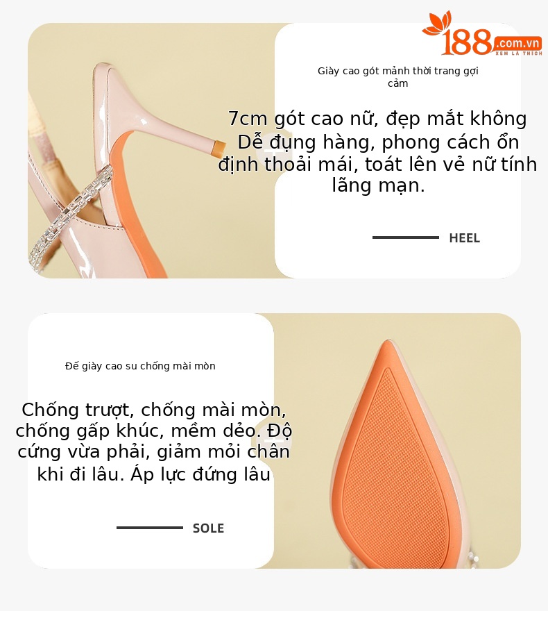 Giày sandal cao gót mũi nhọn một quai mùa hè phong cách cổ điển — Màu hồng nude chi tiết 2
