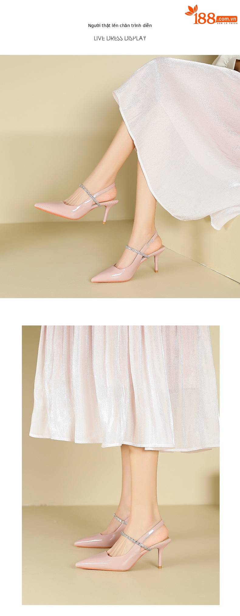 Giày sandal cao gót mũi nhọn một quai mùa hè phong cách cổ điển — Màu hồng nude chi tiết 3