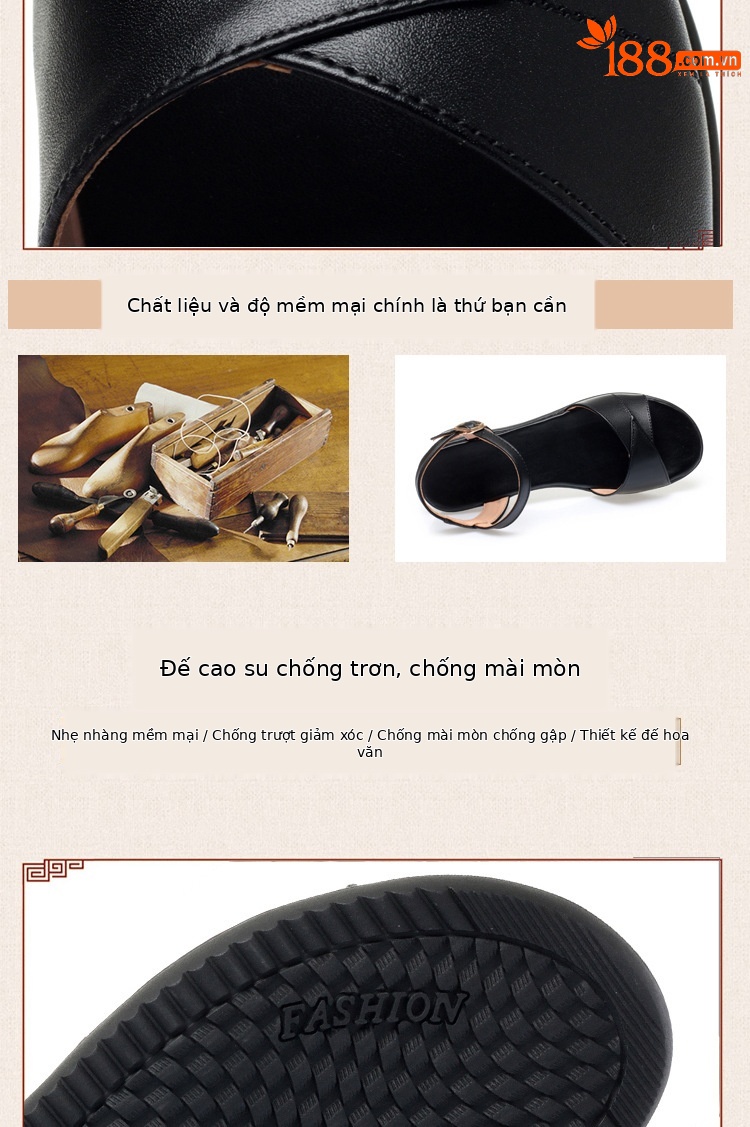 Sandal đế xuồng da thật mềm mại mùa hè cho nữ — Màu đen chi tiết 5