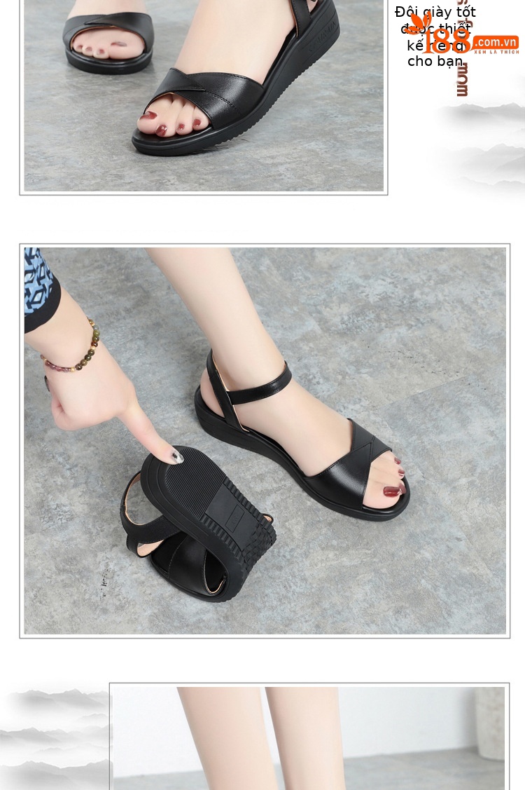 Sandal đế xuồng da thật mềm mại mùa hè cho nữ — Màu đen chi tiết 12