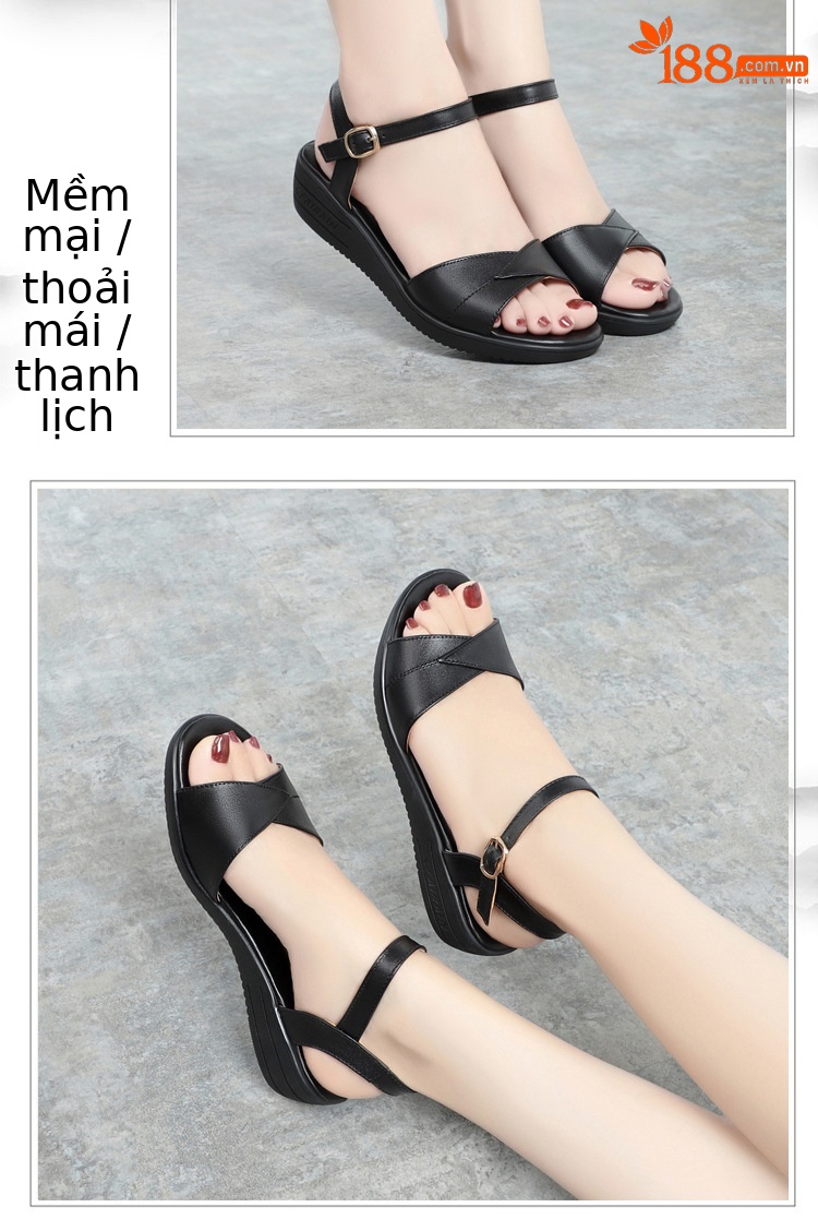 Sandal đế xuồng da thật mềm mại mùa hè cho nữ — Màu đen chi tiết 13