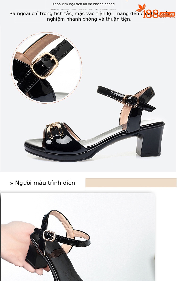 Sandal nữ hở mũi gót vuông da sáng chế, phối váy thanh lịch mùa hè — Màu đen chi tiết 6