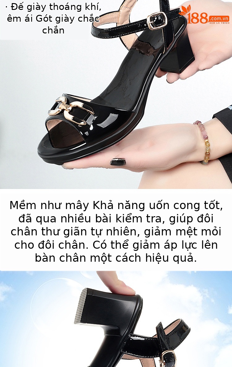 Sandal nữ hở mũi gót vuông da sáng chế, phối váy thanh lịch mùa hè — Màu đen chi tiết 2