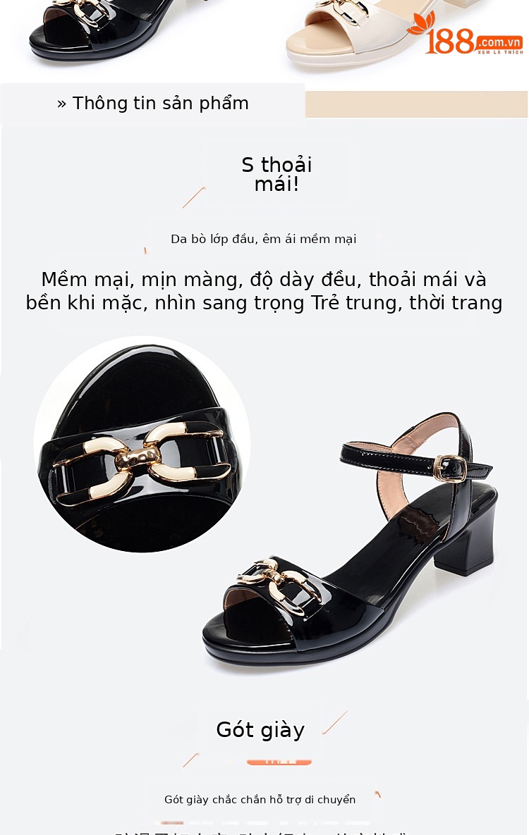 Sandal nữ hở mũi gót vuông da sáng chế, phối váy thanh lịch mùa hè — Màu đen chi tiết 3