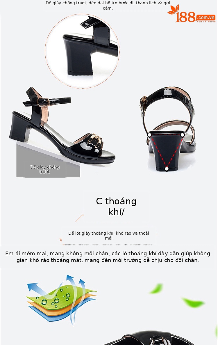 Sandal nữ hở mũi gót vuông da sáng chế, phối váy thanh lịch mùa hè — Màu đen chi tiết 4