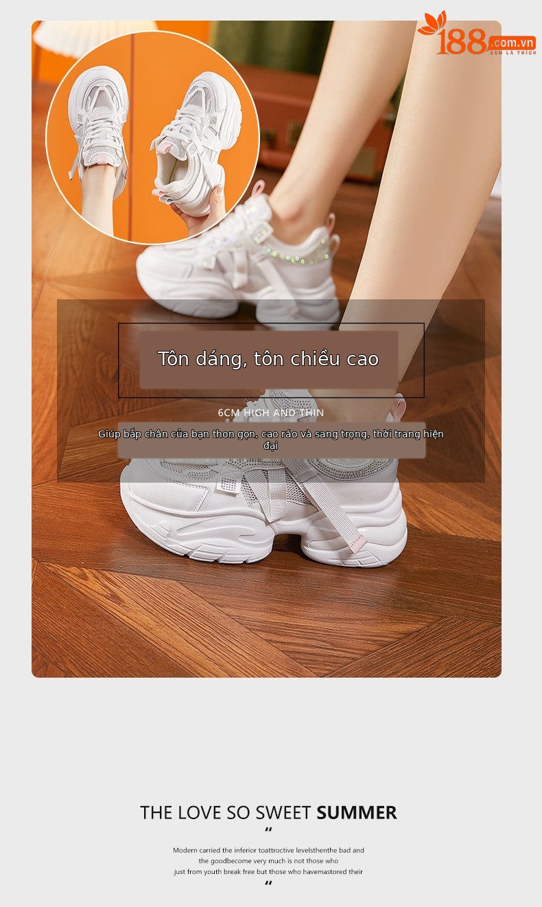 Giày sneaker nữ chunky đế dày rhinestone lưới thoáng khí — Trắng, Bột trắng chi tiết 9