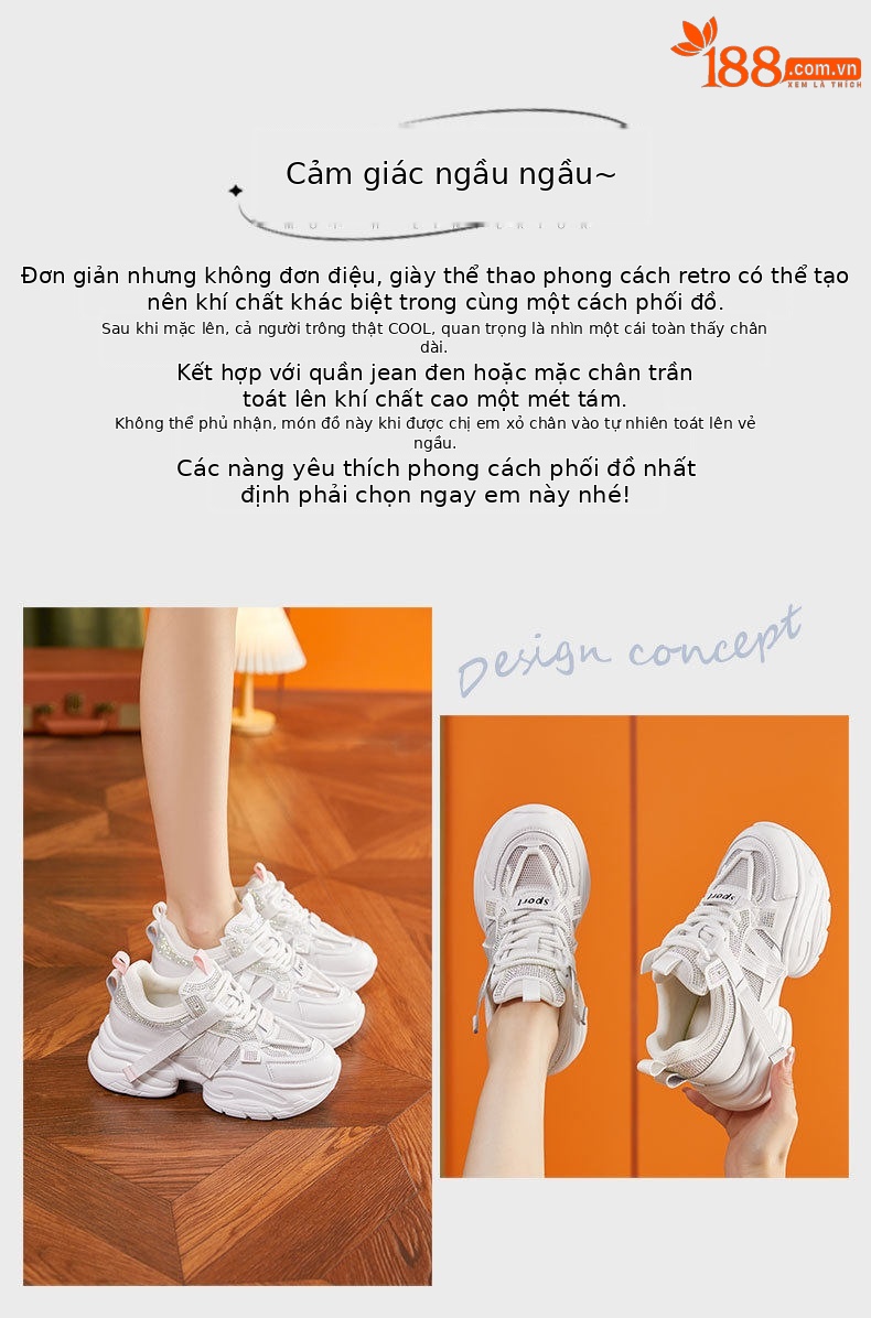 Giày sneaker nữ chunky đế dày rhinestone lưới thoáng khí — Trắng, Bột trắng chi tiết 4