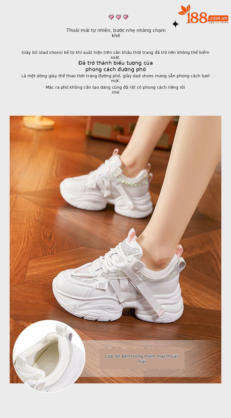 Giày sneaker nữ chunky đế dày rhinestone lưới thoáng khí — Trắng, Bột trắng chi tiết 5
