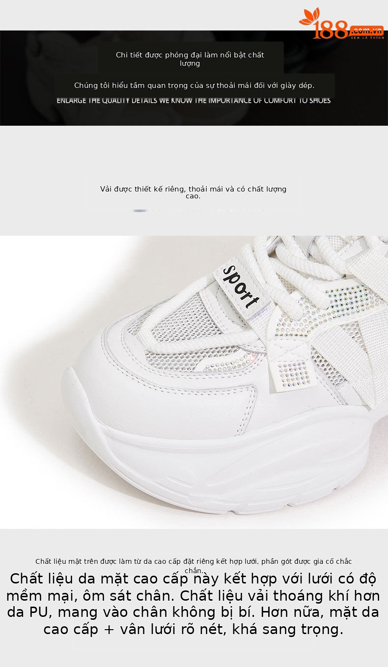 Giày sneaker nữ chunky đế dày rhinestone lưới thoáng khí — Trắng, Bột trắng chi tiết 6