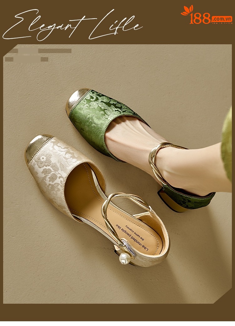 Sandal cao gót nữ bít mũi da bò phong cách Trung Hoa mới, quai ngang một dây, gót vuông ổn định — Màu xanh lá chi tiết 1