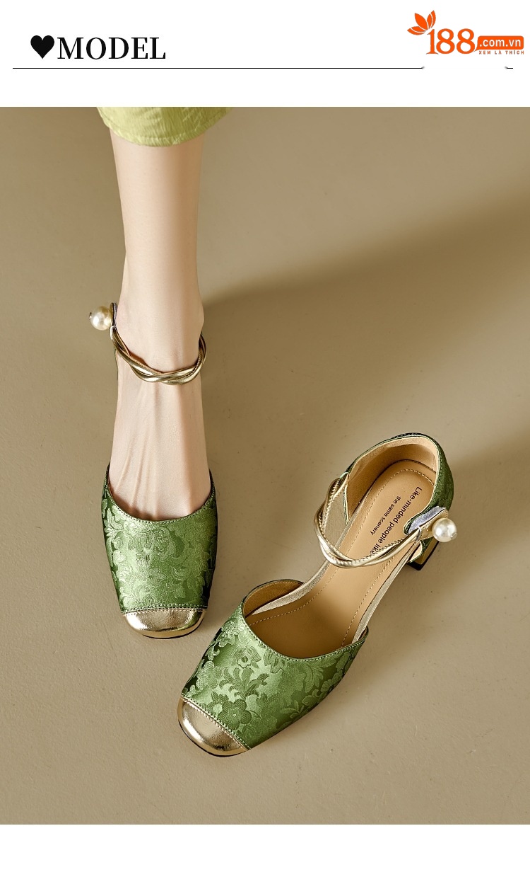Sandal cao gót nữ bít mũi da bò phong cách Trung Hoa mới, quai ngang một dây, gót vuông ổn định — Màu xanh lá chi tiết 6