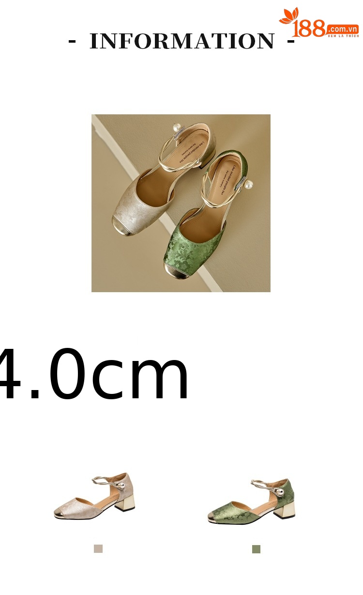 Sandal cao gót nữ bít mũi da bò phong cách Trung Hoa mới, quai ngang một dây, gót vuông ổn định — Màu xanh lá chi tiết 2