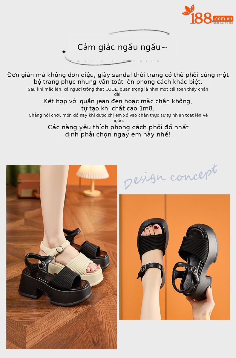 Dép sandal nữ quai chữ V đế dày platform mùa hè — Đen, Len nguyên chất chi tiết 4