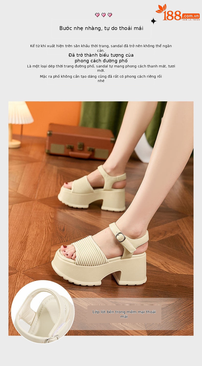 Dép sandal nữ quai chữ V đế dày platform mùa hè — Đen, Len nguyên chất chi tiết 5
