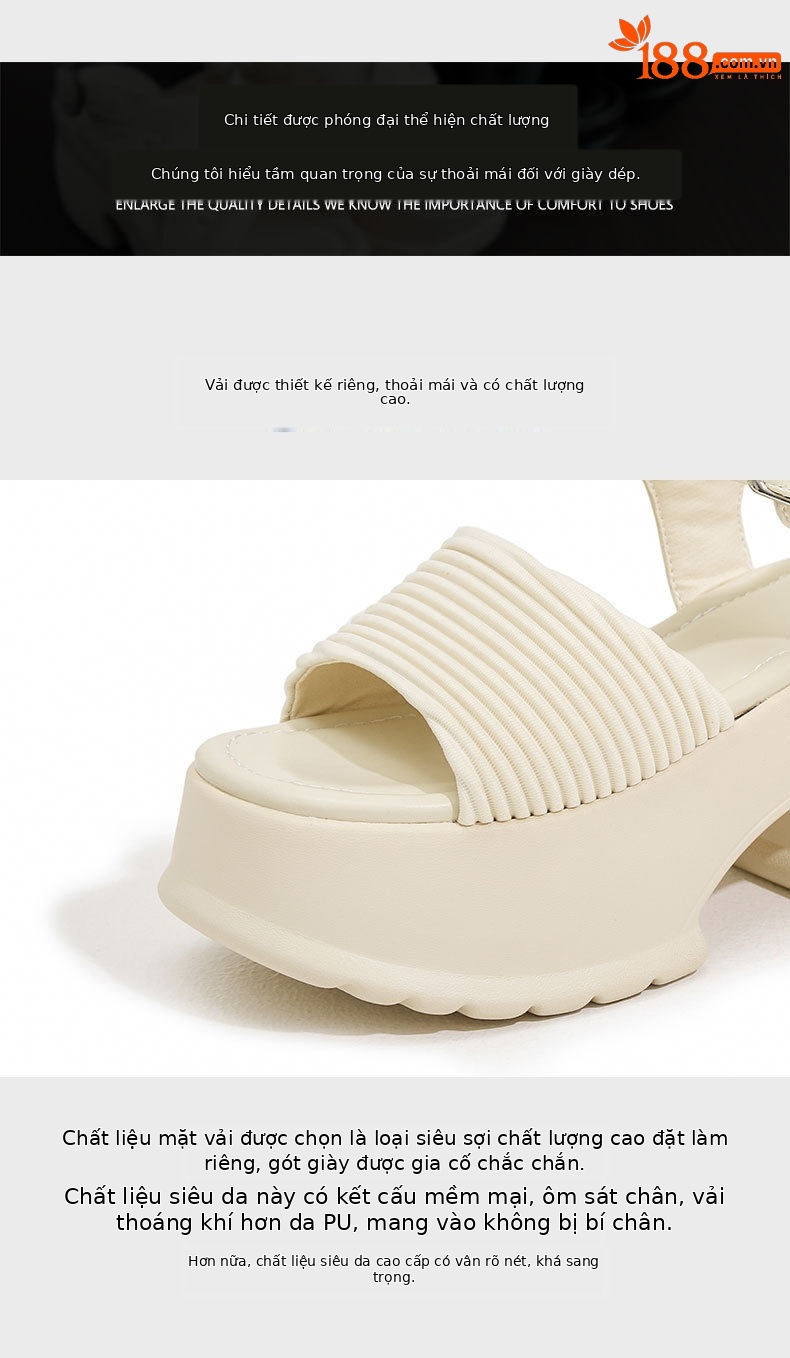 Dép sandal nữ quai chữ V đế dày platform mùa hè — Đen, Len nguyên chất chi tiết 6