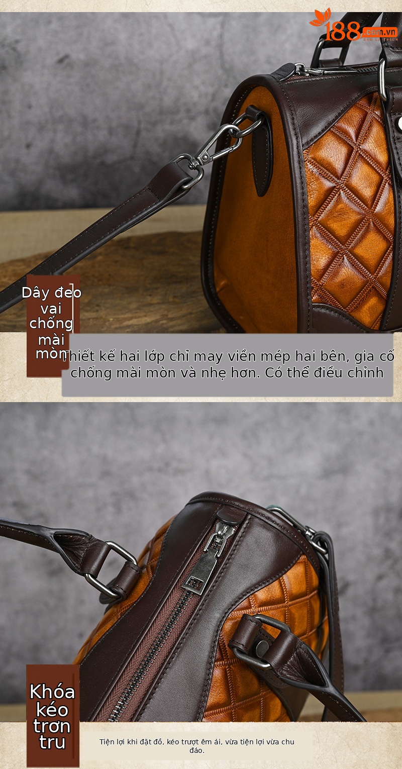 Túi xách nữ da bò thật phong cách retro, sức chứa lớn, da thuộc thực vật — Màu đen chi tiết 3