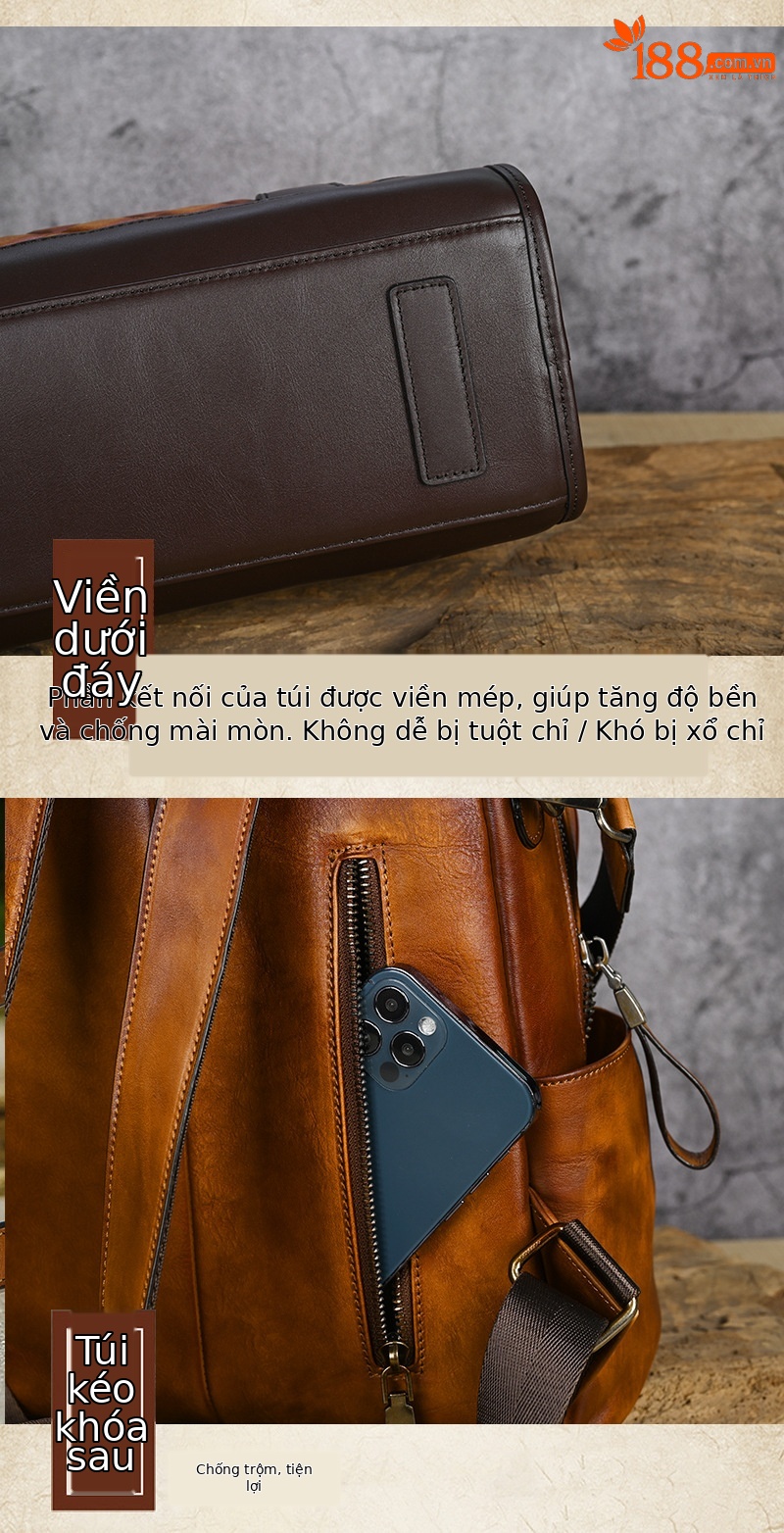 Túi xách nữ da bò thật phong cách retro, sức chứa lớn, da thuộc thực vật — Màu đen chi tiết 6