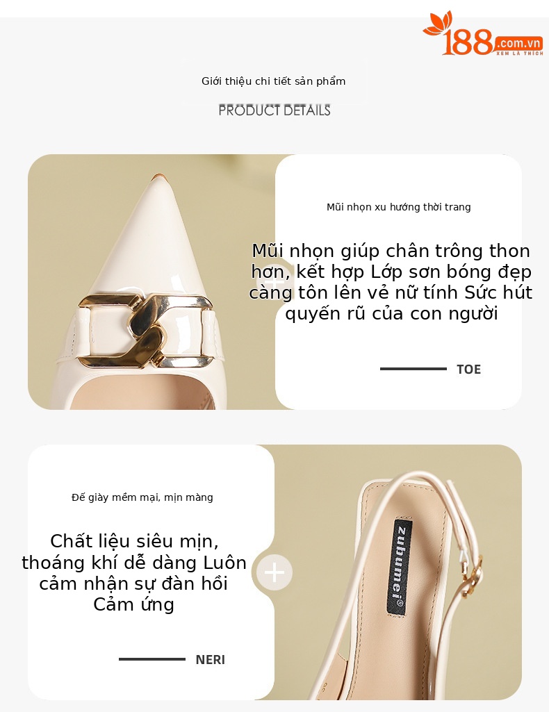 Giày cao gót mũi nhọn bít mũi phong cách quý cô, gót nhọn đế sau, form dáng thanh lịch — Trắng be chi tiết 2
