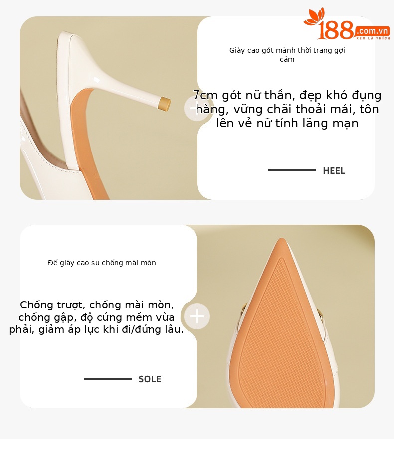 Giày cao gót mũi nhọn bít mũi phong cách quý cô, gót nhọn đế sau, form dáng thanh lịch — Trắng be chi tiết 3