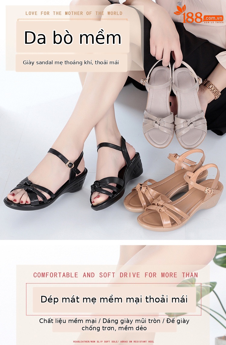 Sandal da thật mùa hè quai chữ V cho mẹ trung niên — Xám be chi tiết 1