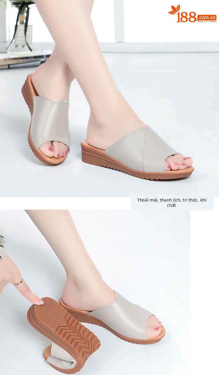 Dép sandal nữ đế bệt quai chữ V da mềm chống trượt — Xám be chi tiết 7