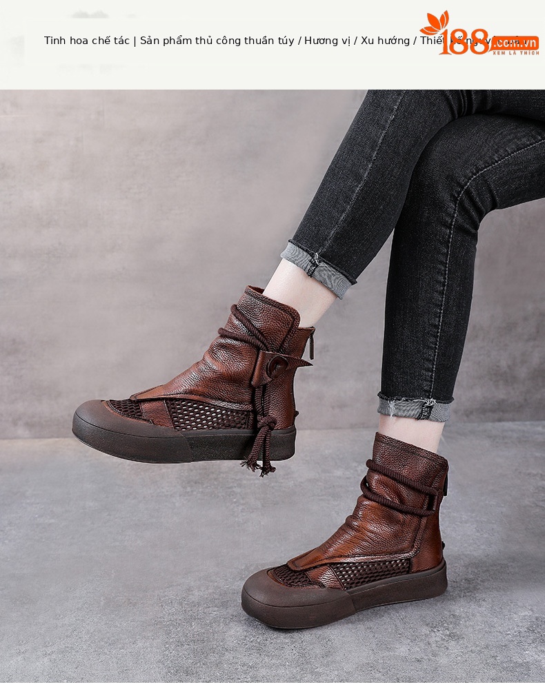 Boot Martin lưới mùa hè da bò thật cổ cao ôm bắp chân — Màu nâu chi tiết 1