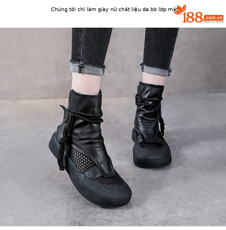 Boot Martin lưới mùa hè da bò thật cổ cao ôm bắp chân — Màu nâu chi tiết 2