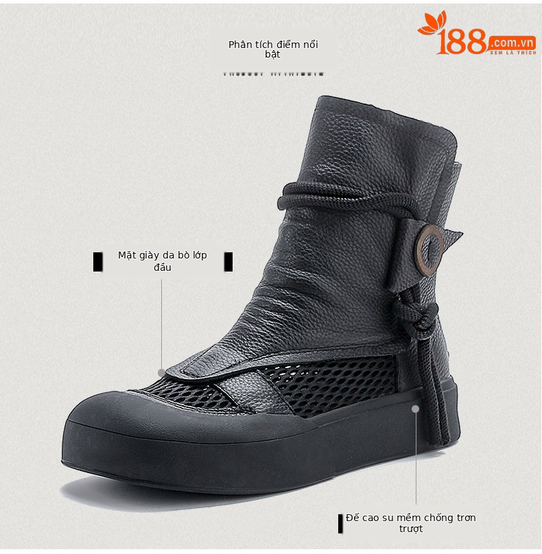 Boot Martin lưới mùa hè da bò thật cổ cao ôm bắp chân — Màu nâu chi tiết 3