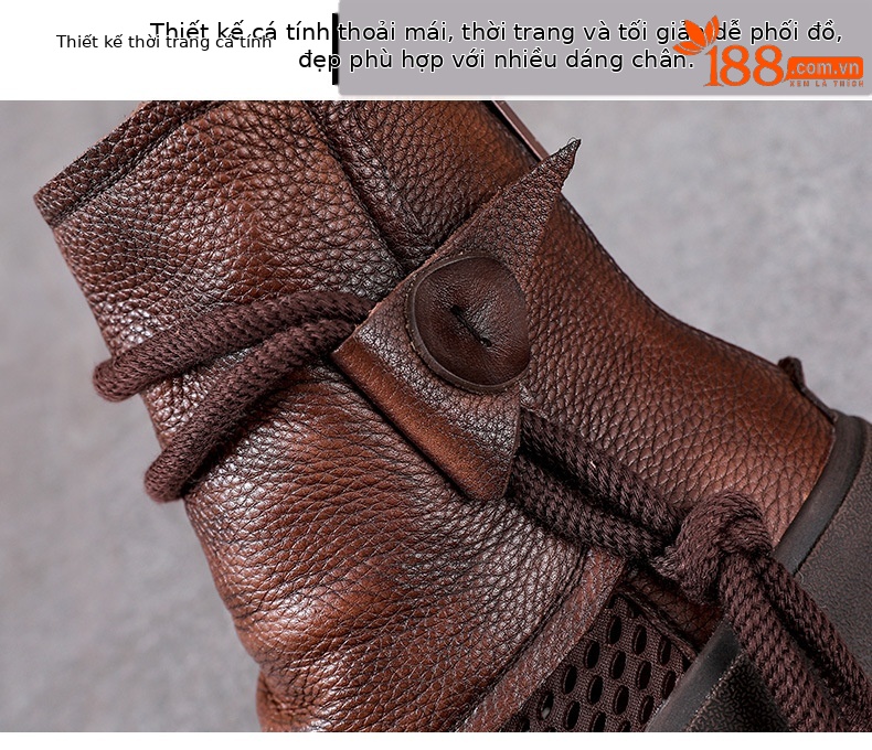 Boot Martin lưới mùa hè da bò thật cổ cao ôm bắp chân — Màu nâu chi tiết 5