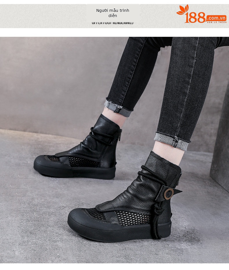 Boot Martin lưới mùa hè da bò thật cổ cao ôm bắp chân — Màu nâu chi tiết 9