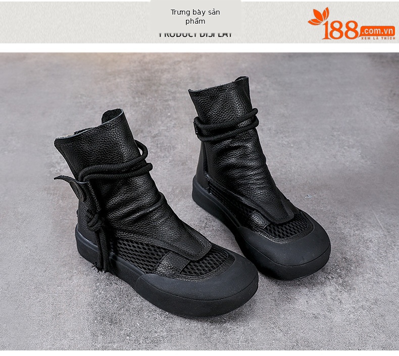 Boot Martin lưới mùa hè da bò thật cổ cao ôm bắp chân — Màu nâu chi tiết 10