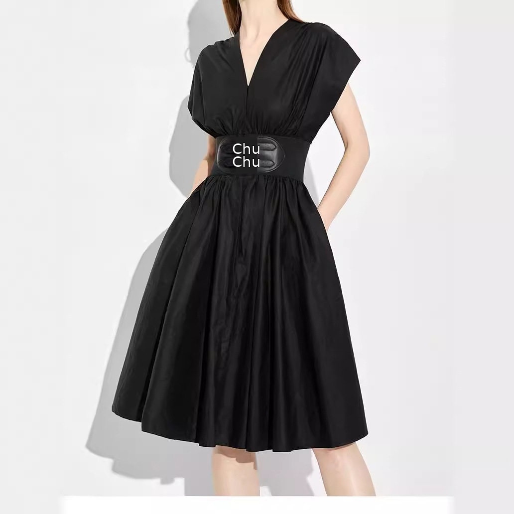 Đầm maxi nữ thắt eo cổ V tay ngắn — Xanh