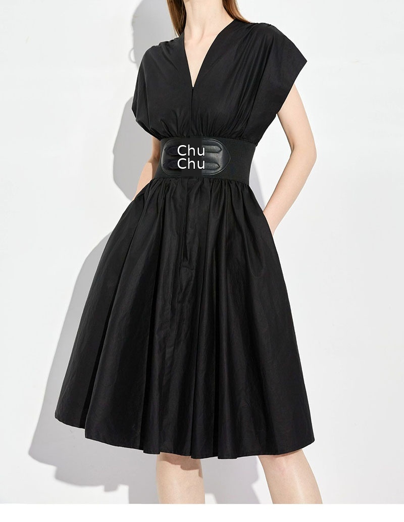 Đầm maxi nữ thắt eo cổ V tay ngắn — Xanh chi tiết 2