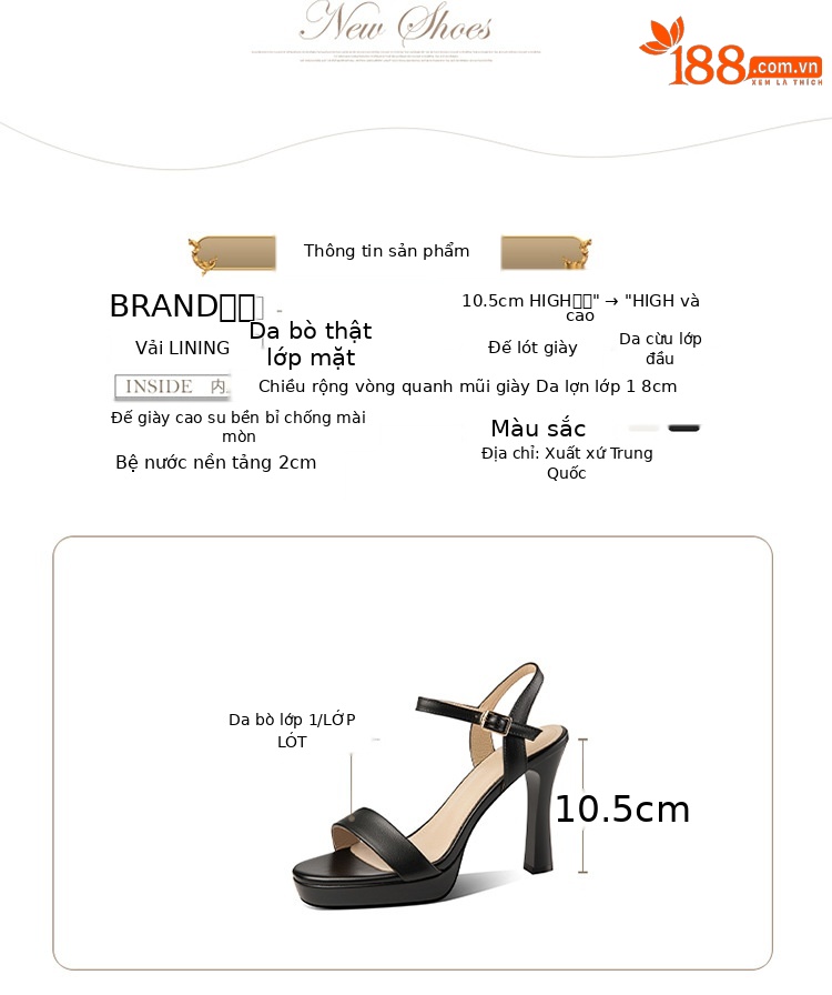 Sandal cao gót nữ quai ngang hở ngón da bò thật gót 10 cm — Màu đen chi tiết 2
