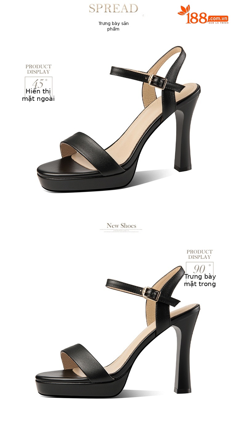 Sandal cao gót nữ quai ngang hở ngón da bò thật gót 10 cm — Màu đen chi tiết 6