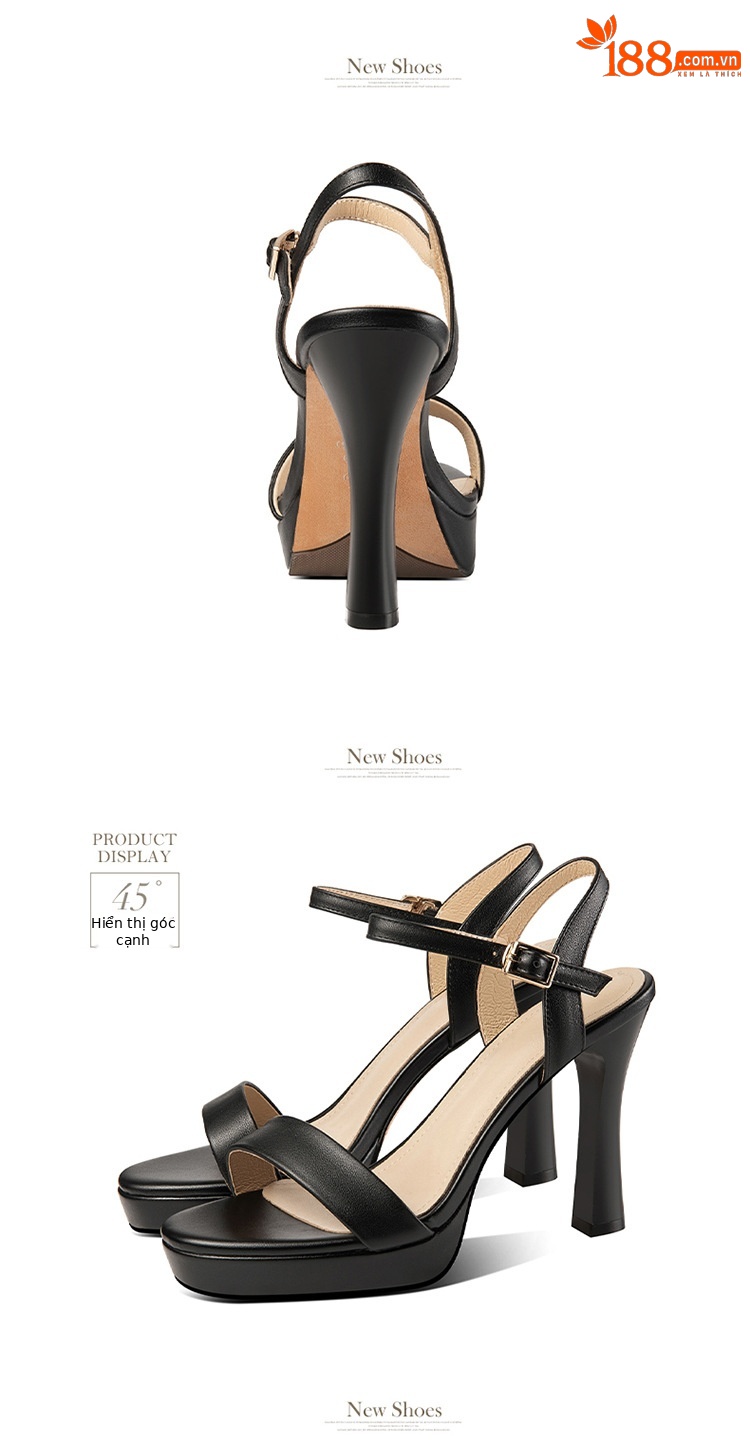 Sandal cao gót nữ quai ngang hở ngón da bò thật gót 10 cm — Màu đen chi tiết 7