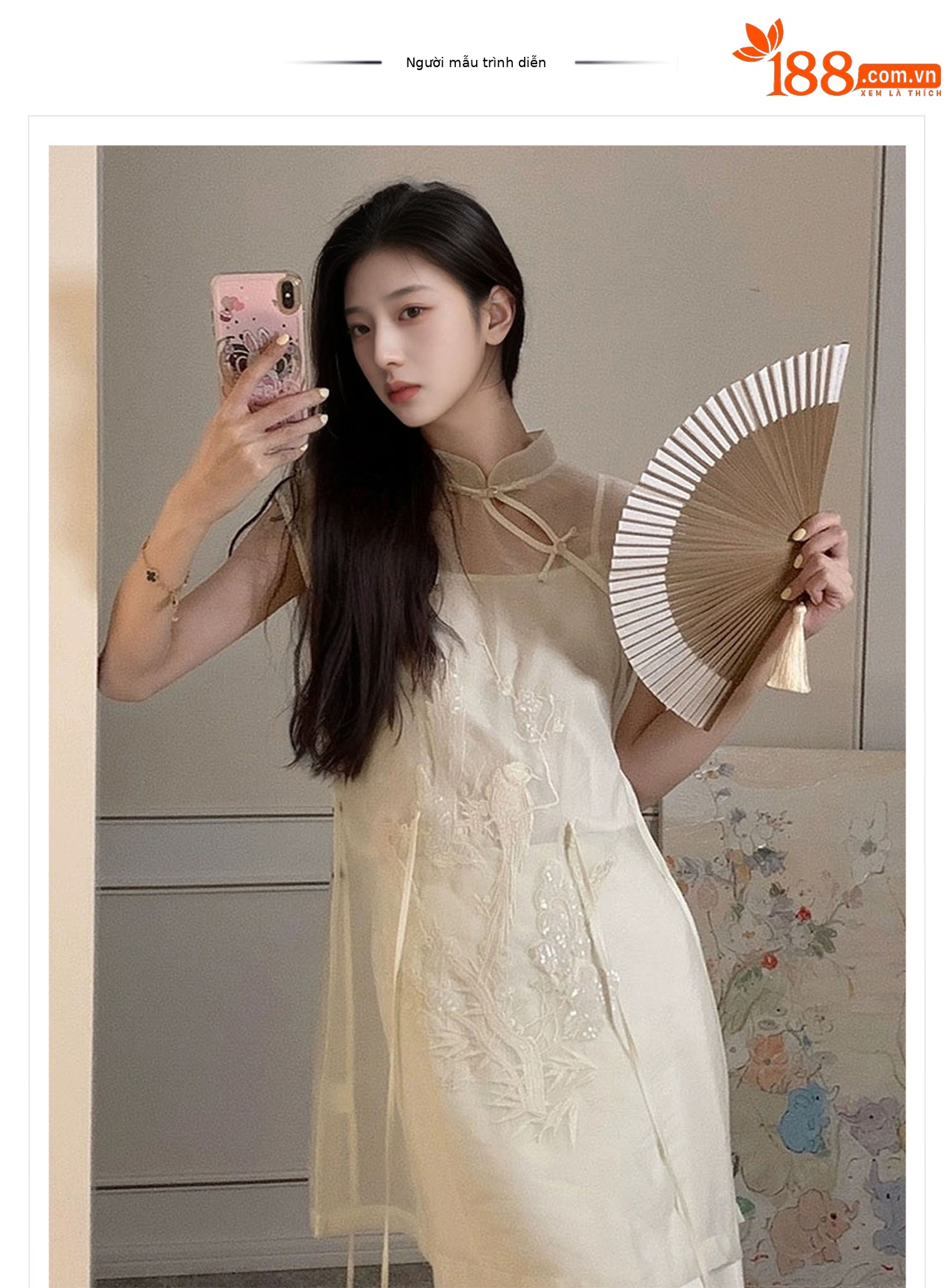 Áo sơ mi lụa tơ tằm thêu đính cườm phong cách tân cổ điển Trung Quốc M4023 — Màu trắng chi tiết 1
