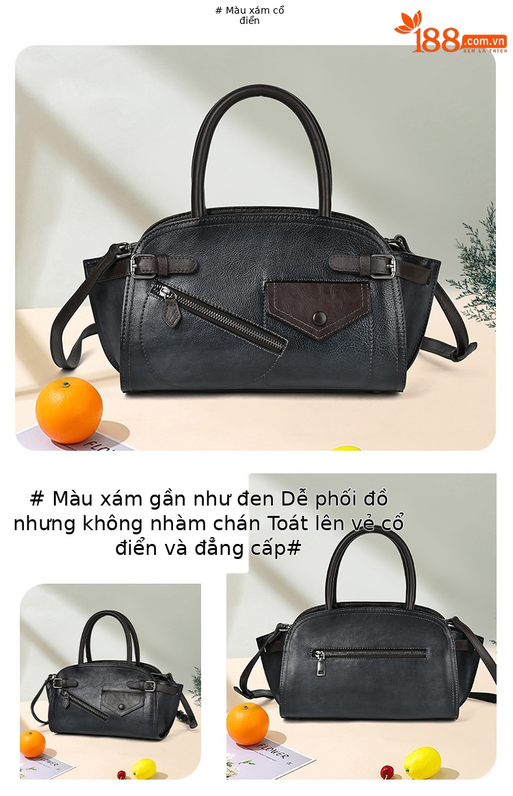 Túi xách tay nữ da bò cổ điển phong cách Trung Quốc, quai xách tay chắc chắn — Xám cổ điển chi tiết 14