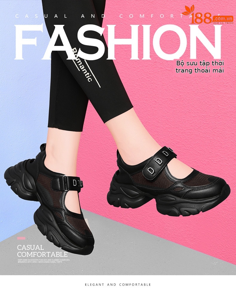 Giày sandal thể thao nữ đế xuồng dày lưới thoáng khí phong cách giày bố — Màu be 1990, 1990 màu đen chi tiết 3