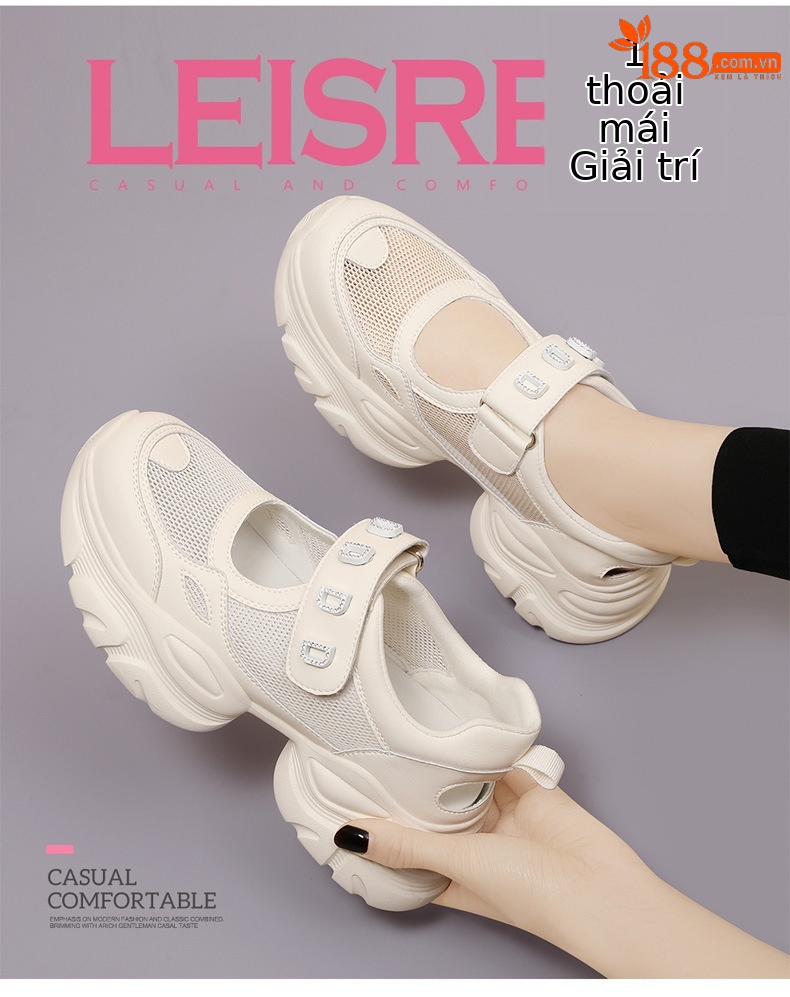 Giày sandal thể thao nữ đế xuồng dày lưới thoáng khí phong cách giày bố — Màu be 1990, 1990 màu đen chi tiết 4