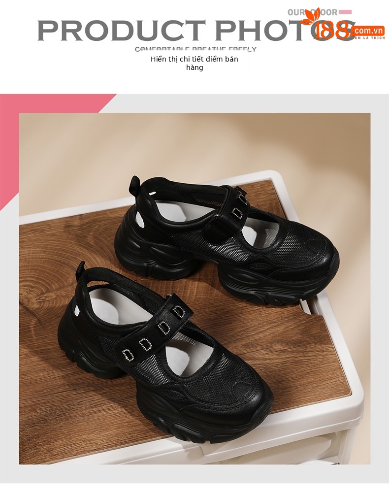 Giày sandal thể thao nữ đế xuồng dày lưới thoáng khí phong cách giày bố — Màu be 1990, 1990 màu đen chi tiết 5