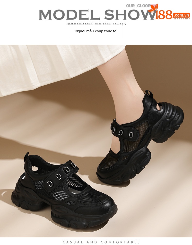 Giày sandal thể thao nữ đế xuồng dày lưới thoáng khí phong cách giày bố — Màu be 1990, 1990 màu đen chi tiết 6