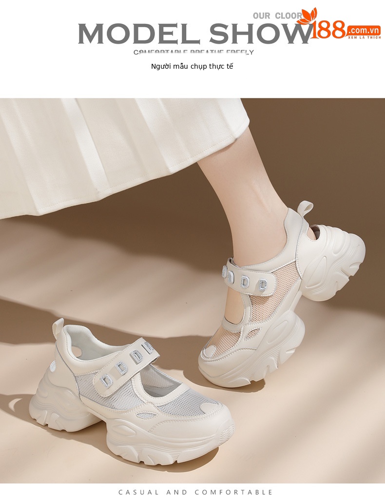 Giày sandal thể thao nữ đế xuồng dày lưới thoáng khí phong cách giày bố — Màu be 1990, 1990 màu đen chi tiết 10