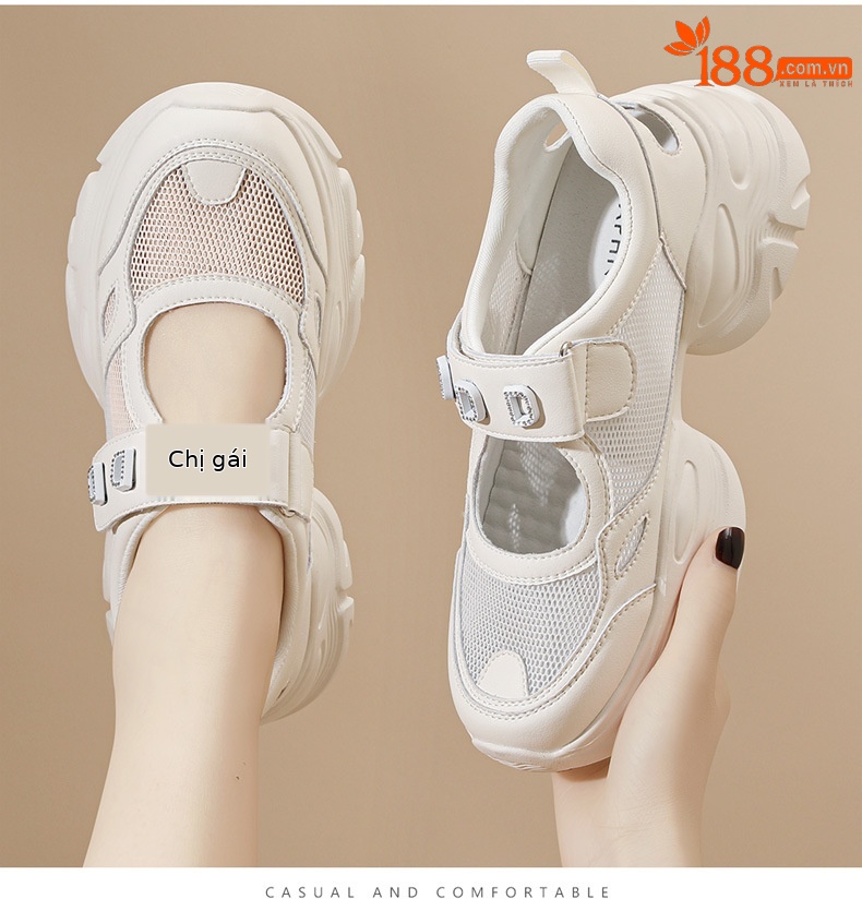 Giày sandal thể thao nữ đế xuồng dày lưới thoáng khí phong cách giày bố — Màu be 1990, 1990 màu đen chi tiết 11