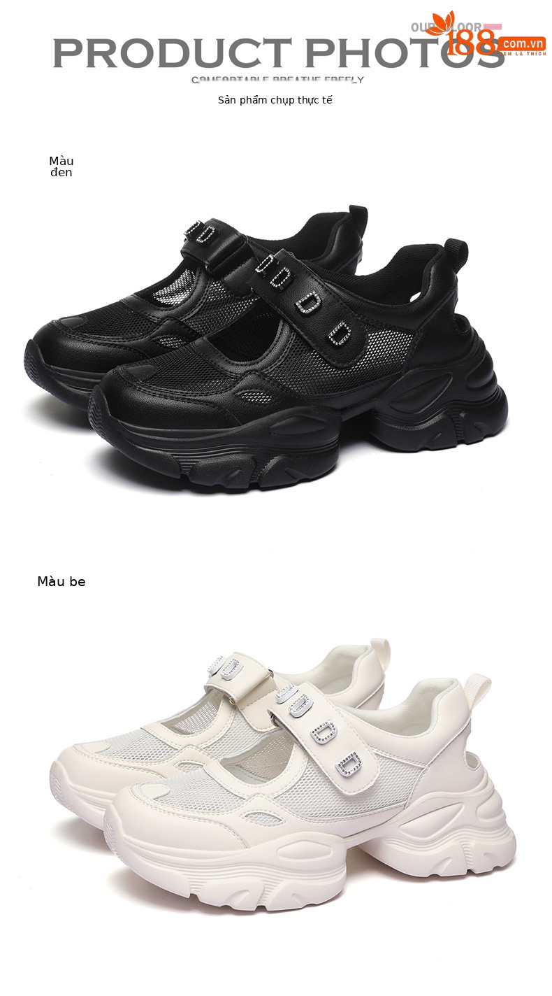 Giày sandal thể thao nữ đế xuồng dày lưới thoáng khí phong cách giày bố — Màu be 1990, 1990 màu đen chi tiết 14