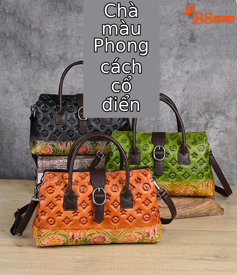 Túi xách nữ da thật dập nổi phong cách Trung Hoa cổ điển 33×10×19 cm — Xanh lá cổ điển chi tiết 1