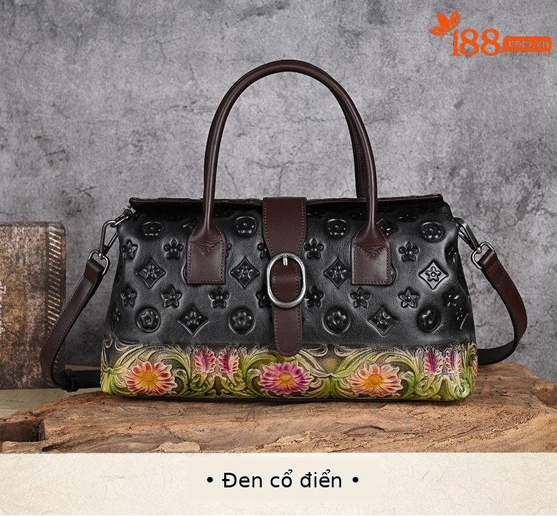 Túi xách nữ da thật dập nổi phong cách Trung Hoa cổ điển 33×10×19 cm — Xanh lá cổ điển chi tiết 5
