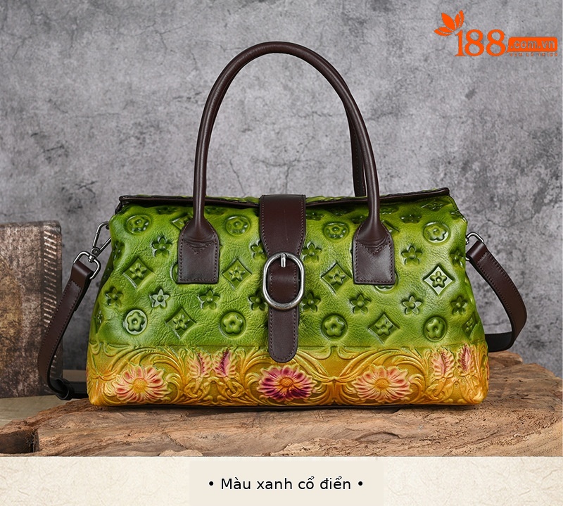 Túi xách nữ da thật dập nổi phong cách Trung Hoa cổ điển 33×10×19 cm — Xanh lá cổ điển chi tiết 6